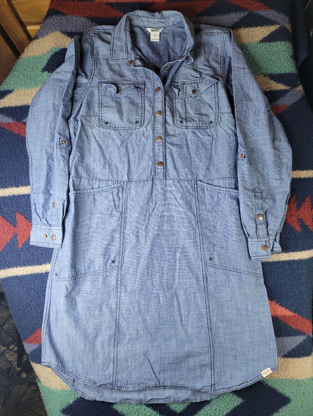 Duluth Trading Co Shirt Dress Womens Medium Blue Denim L/S Organic Cotton Snap